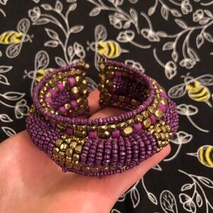 Vintage Native Purple and Gold Tone Beaded Cuff Bracelet
